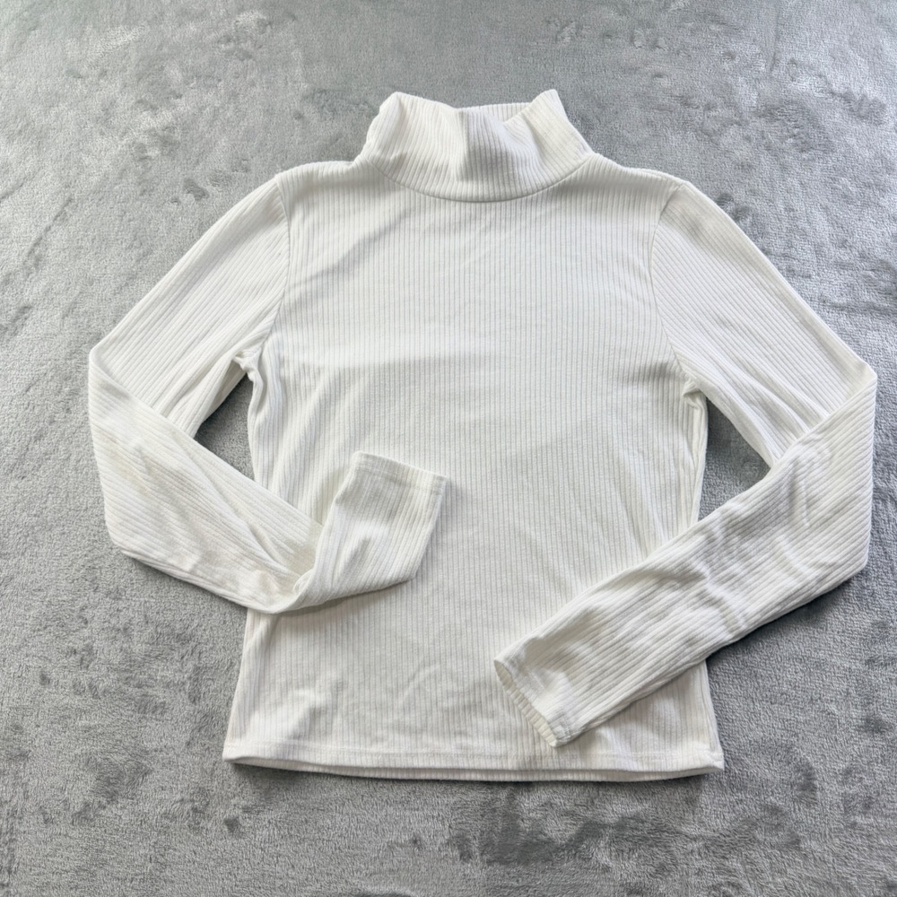Blue Rain White Ribbed Mock Neck Long Sleeve Top Women's Small